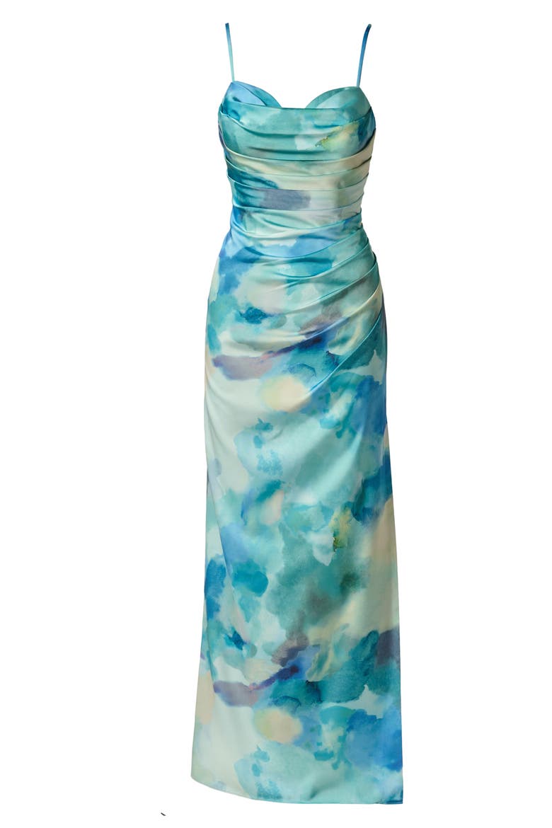 Watercolor Print Satin Maxi Dress, Alternate, color, BLUE MULTI