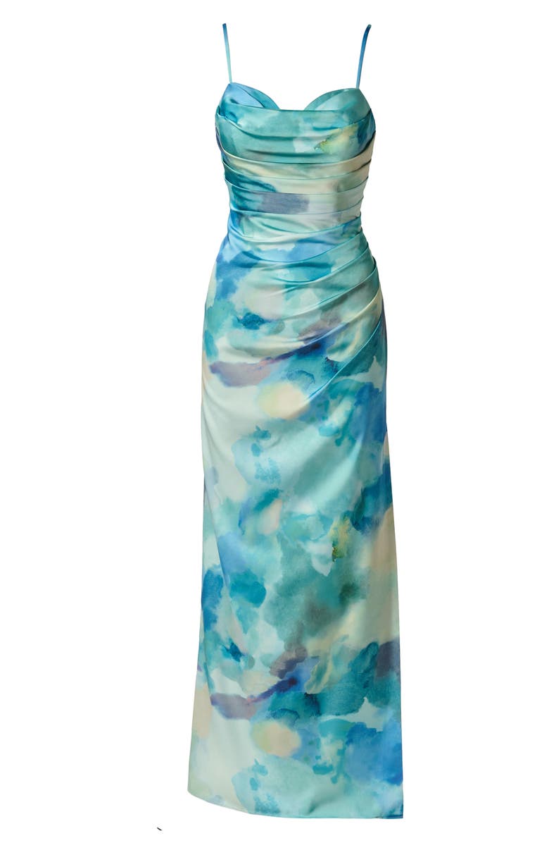 Adrianna Papell Watercolor Print Satin Maxi Dress, Alternate, color, Blue Multi