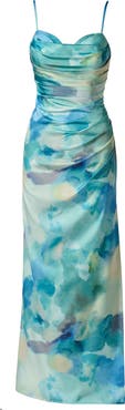 Adrianna Papell Watercolor Print Satin Maxi Dress