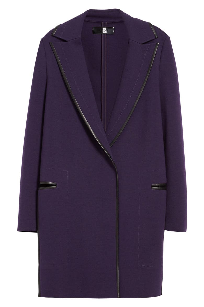 Leather Trim Merino Wool Coat, Alternate, color, PURPLE