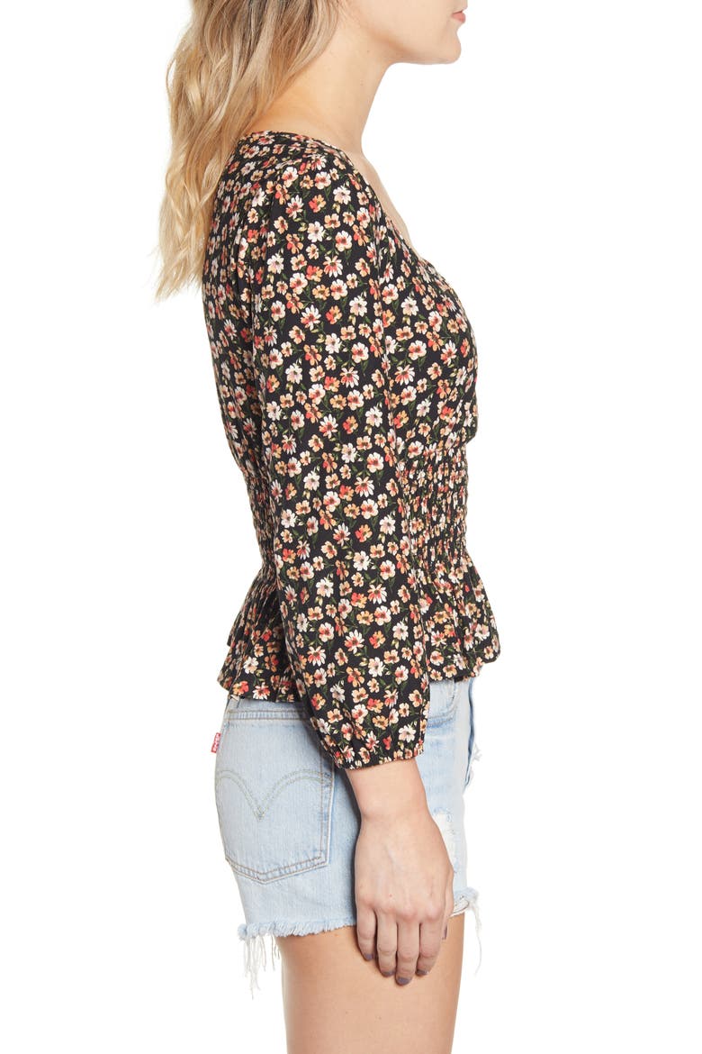 Smocked Waist Floral Top, Alternate, color, BLACK FLORAL