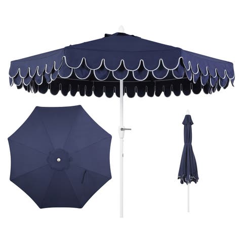 Tracy 9 ft. Classic MidCentury Scalloped Fringe Market Patio Umbrella with Auto-Tilt, Crank, Wind Vent and UV Protection