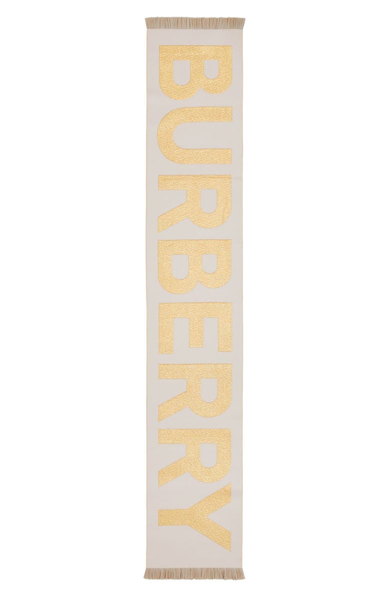 Burberry Metallic Logo Jacquard Wool Blend Football Scarf, Alternate, color, Camel / Light Blush
