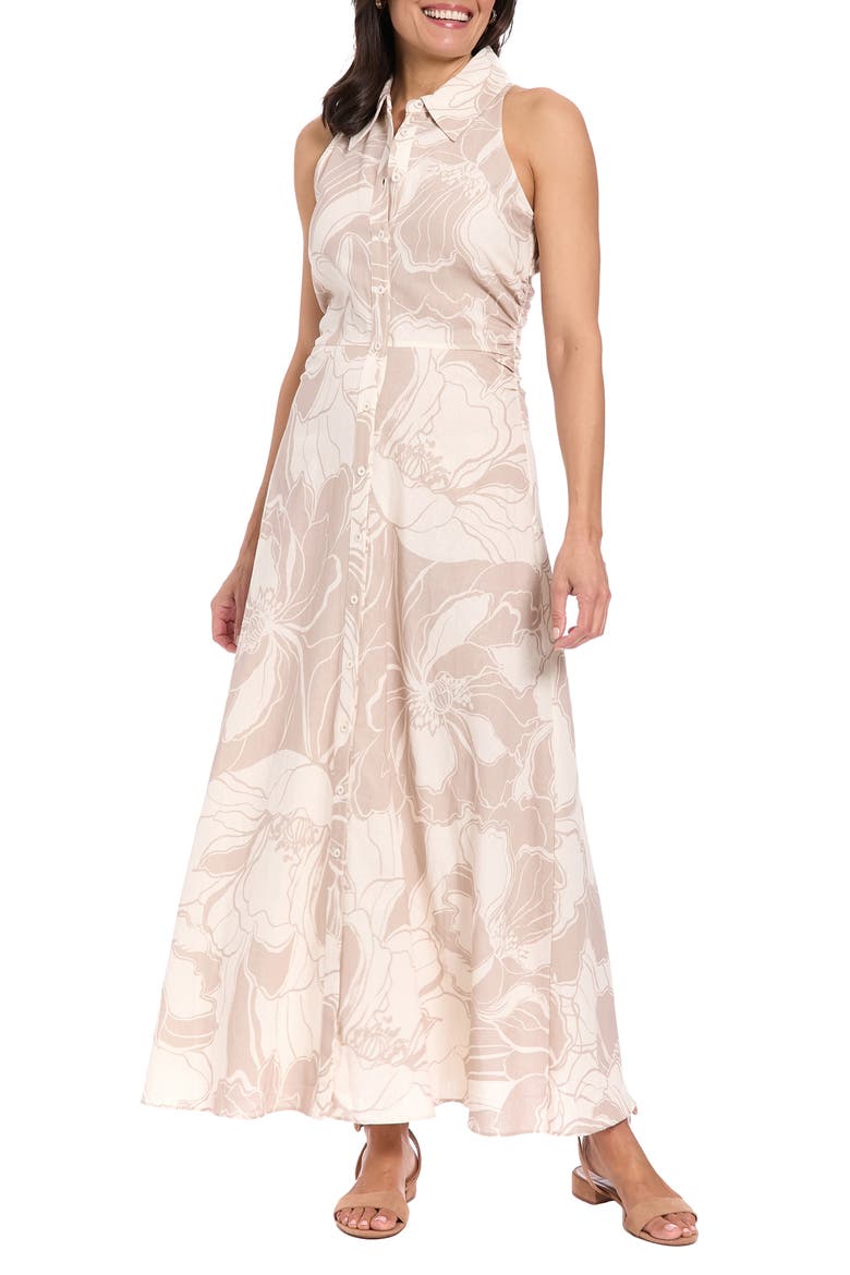 Floral Sleeveless Linen Blend Maxi Shirtdress, Main, color, ROSE TAN/ CREAM