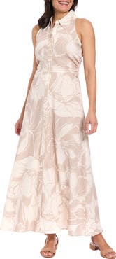 London Times Floral Sleeveless Linen Blend Maxi Shirtdress