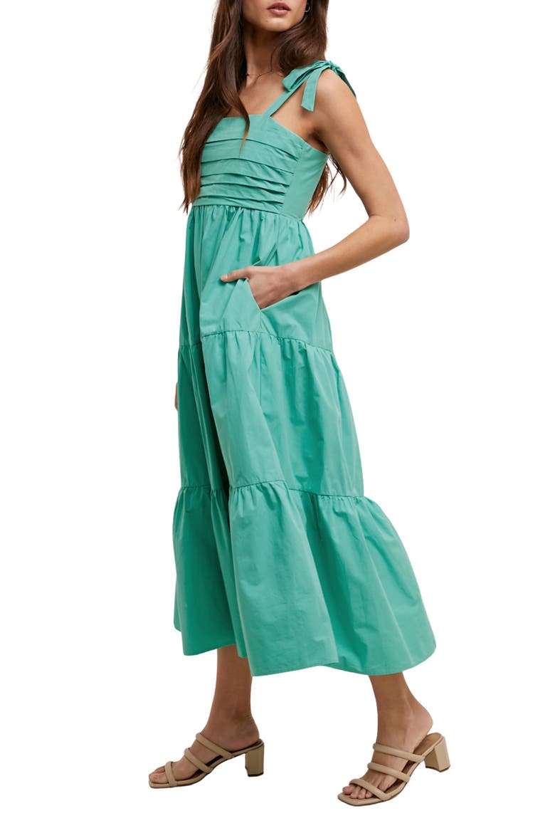 Tie Strap Pleated Bodice Cotton Sundress, Alternate, color, SEA GREEN