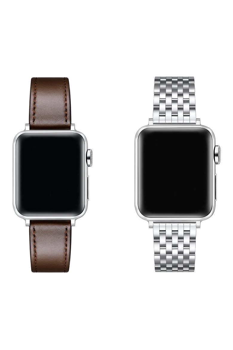 2-Pack Leather & Mesh Apple Watchbands, Alternate, color, BROWN/ SILVER