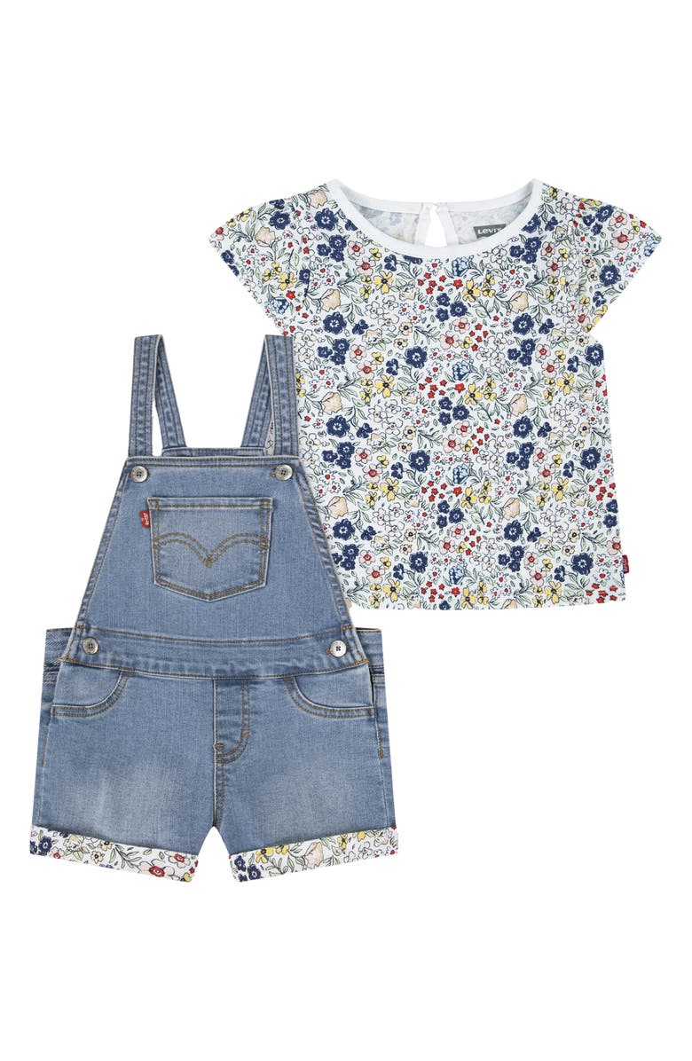 Levi's<sup>®</sup> Kids' Rolled Cuff Denim Overalls & Floral T-Shirt Set, Main, color,