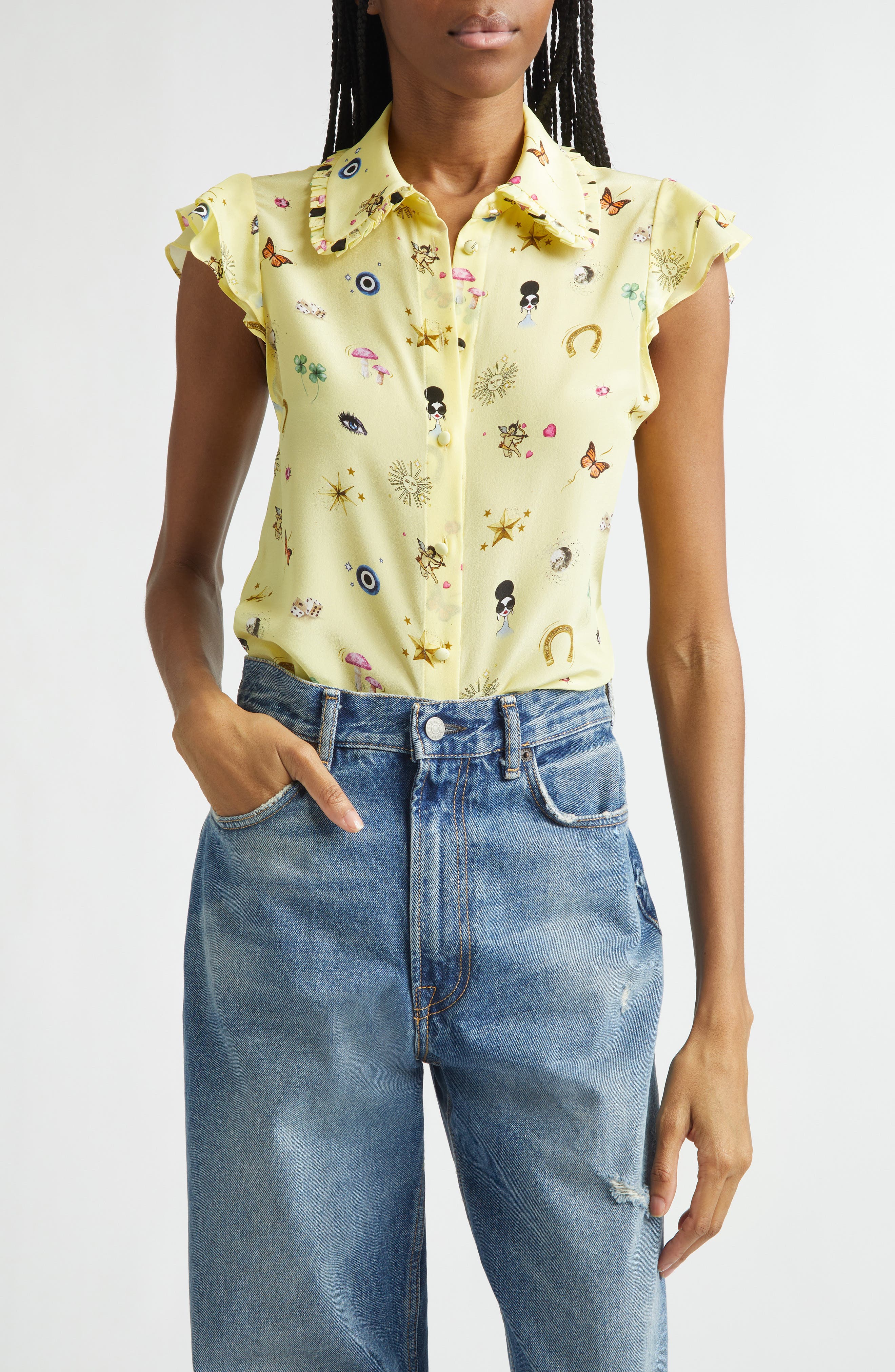 Martel Ruffle Flutter Sleeve Silk Button-Up Shirt