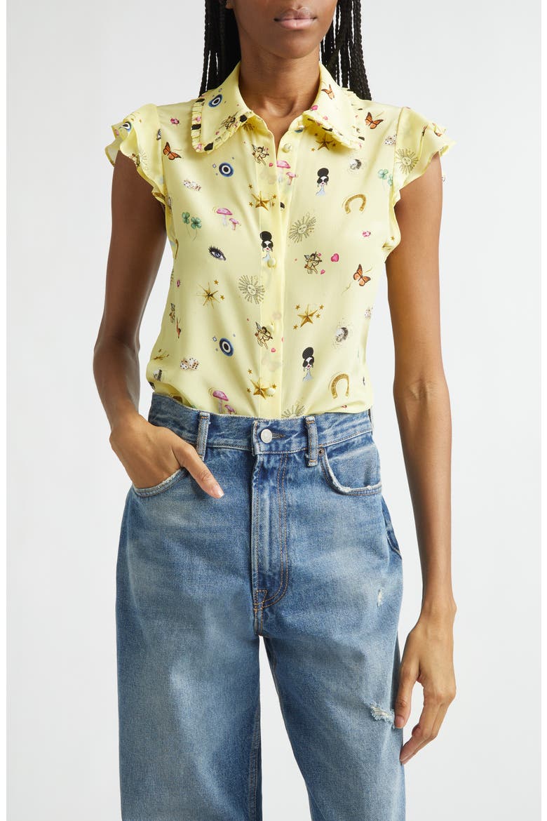 Martel Ruffle Flutter Sleeve Silk Button-Up Shirt, Main, color, LUCKY STAR