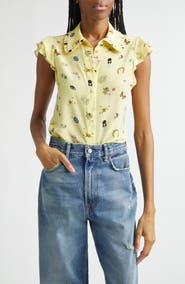 Alice + Olivia Martel Ruffle Flutter Sleeve Silk Button-Up Shirt