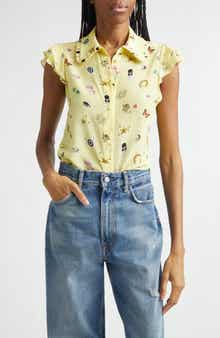 Martel Ruffle Flutter Sleeve Silk Button-Up Shirt