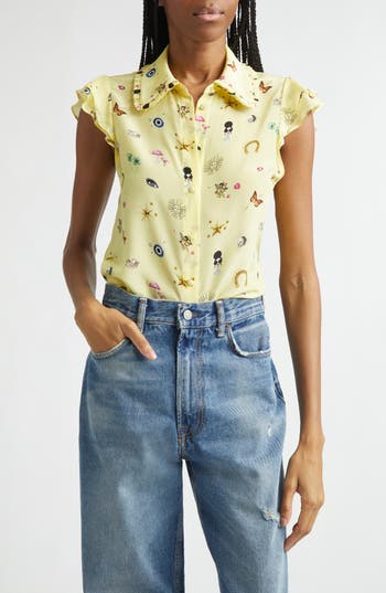 Alice And Olivia Alice + Olivia Martel Ruffle Flutter Sleeve Silk Button-up Shirt In Green