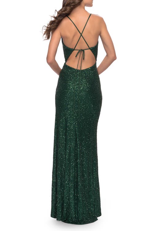 La Femme Stretch Sequin Gown With Deep V-neck And Tie Back