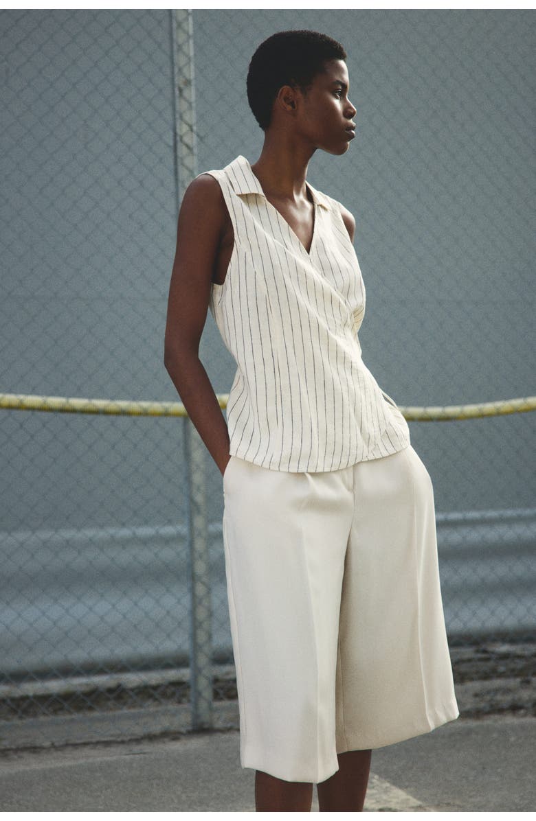 H&M Linen-blend Wrap Top, Alternate, color, Light Beige/Striped