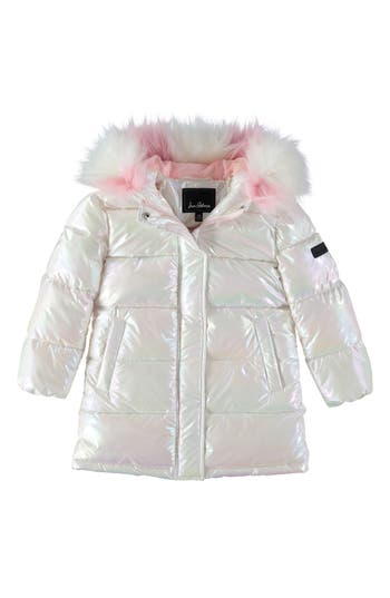Sam Edelman Kids' Iridescent Faux Fur Hooded Puffer Jacket In White