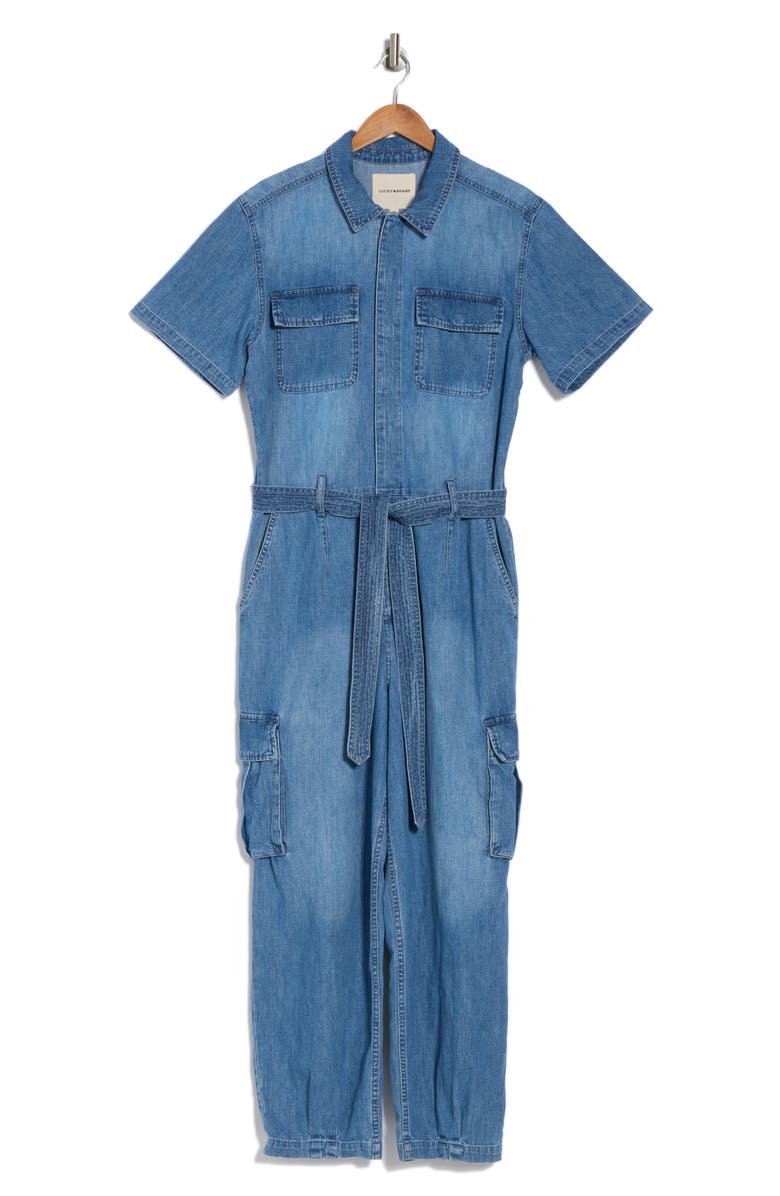Lucky Brand Denim Short Sleeve Utility Jumpsuit, Alternate, color, 