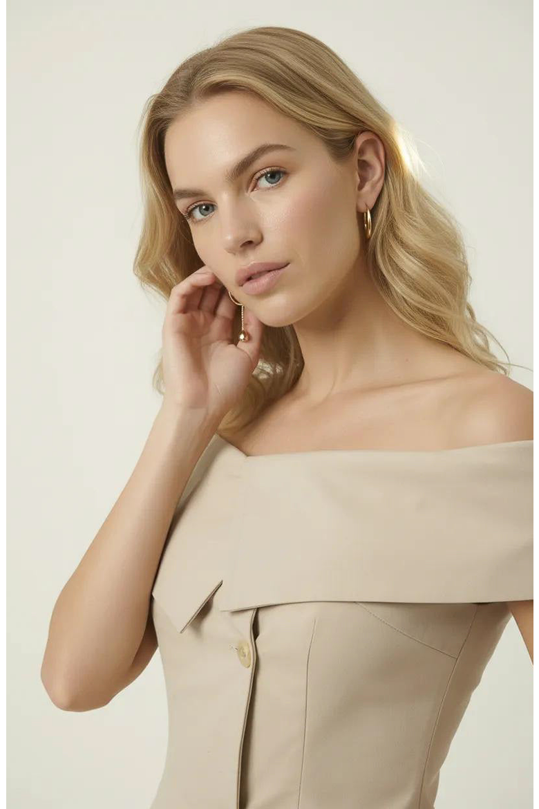 Off Shoulder Tailored Top with Foldover Collar and Button Front, Alternate, color, Beige