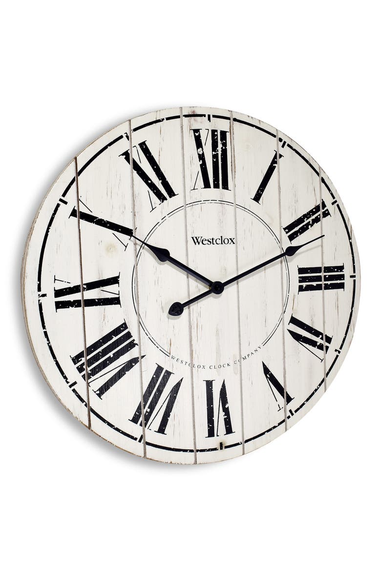 Washed Wood Wall Clock, Alternate, color, WHITE