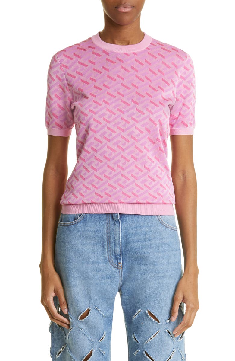 Versace Greca Monogram Jacquard Short Sleeve Silk Blend Sweater, Main, color,