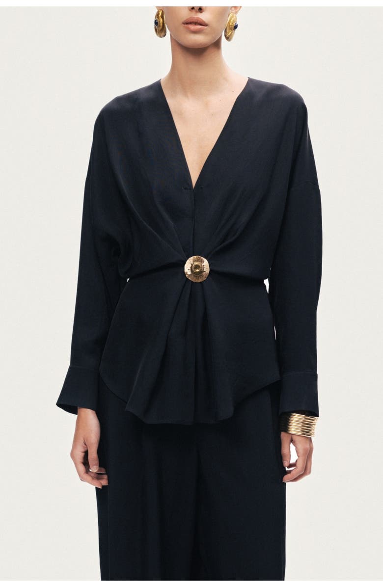 Nocturne Draped Buckle-Detail Shirt, Main, color, Black