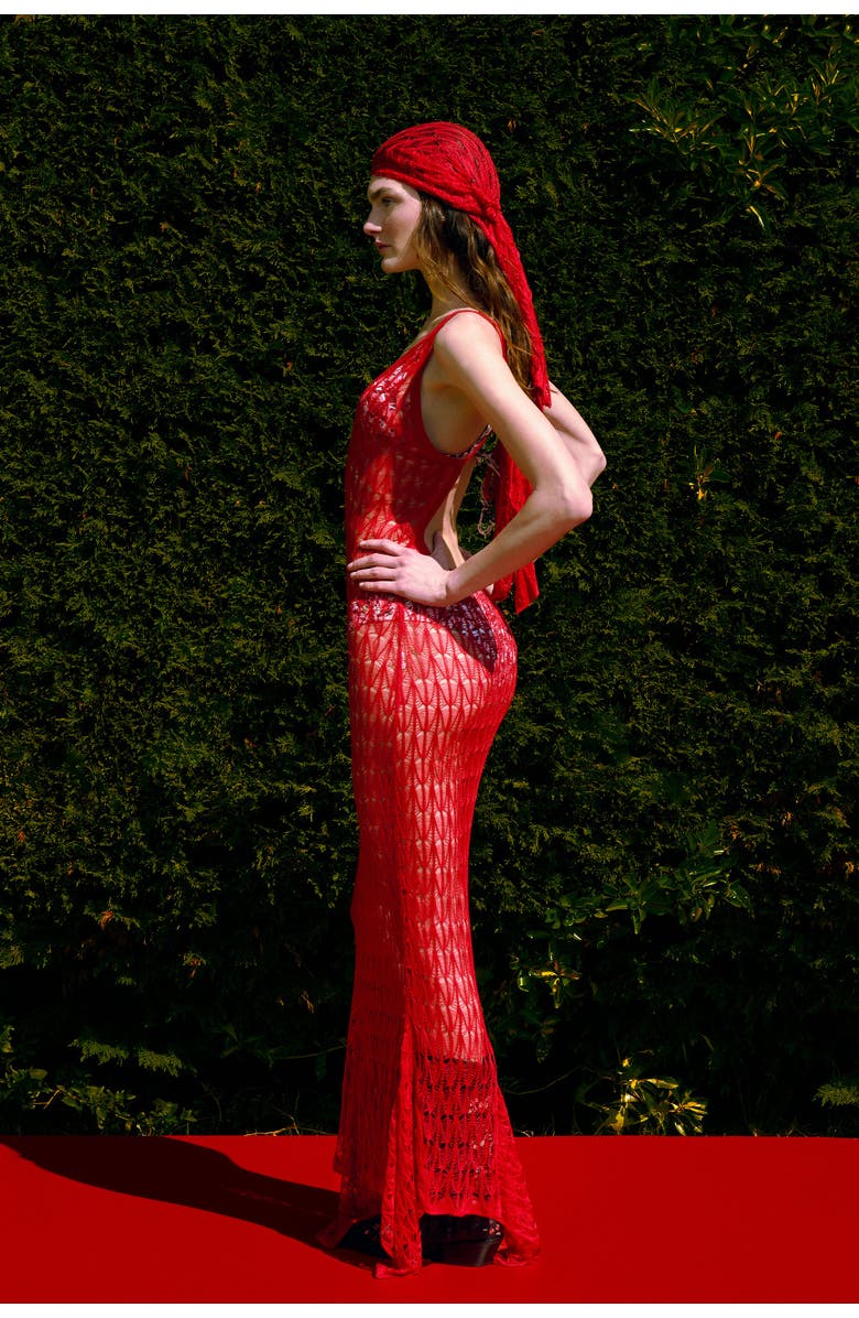 PCFG Store Open Knit Maxi Beach Dress, Alternate, color, Red