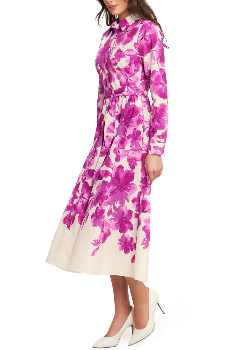 FLYING TOMATO Floral Long Sleeve Midi Shirtdress, Alternate, color, Ivory Fuchsia Floral