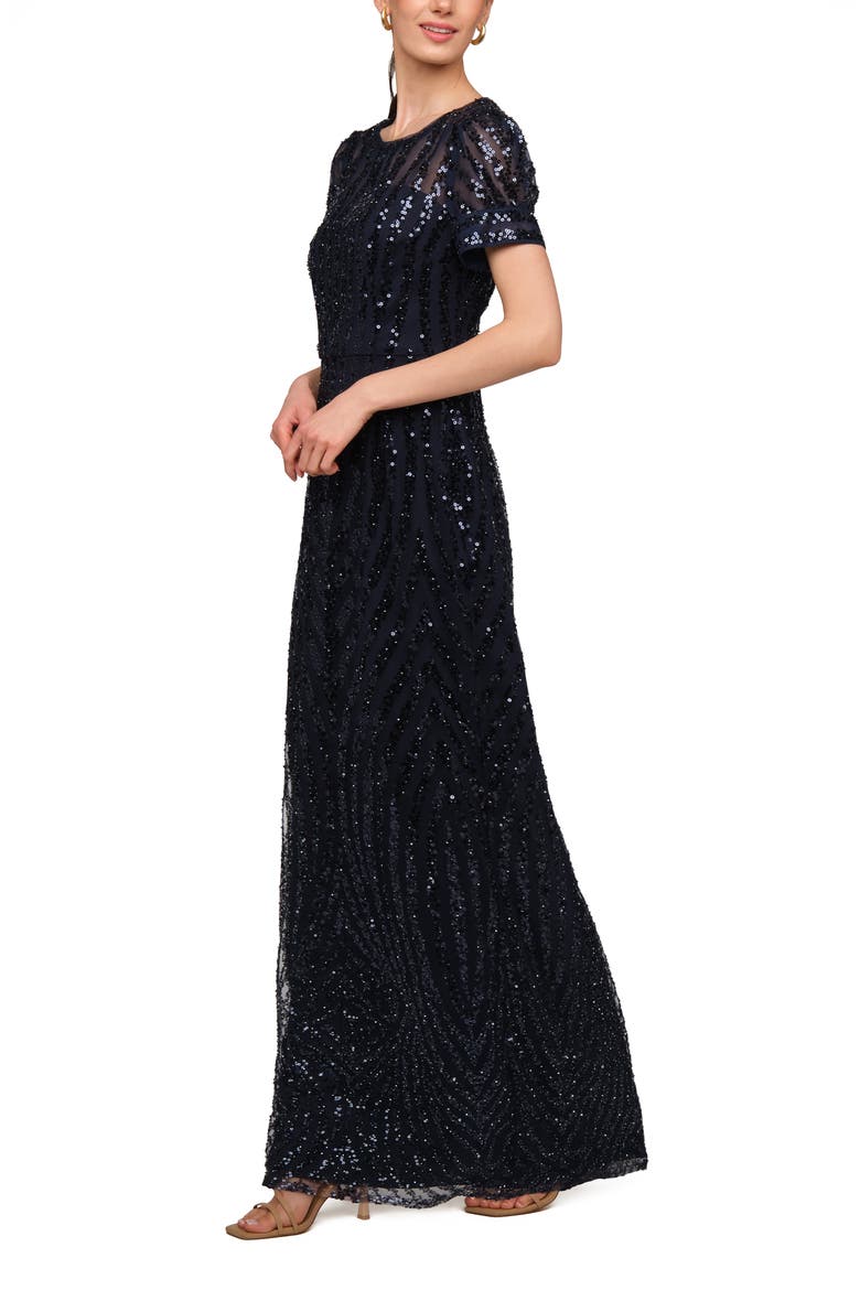 Ivetta Sequin Stripe Illusion Neck Column Gown, Alternate, color, NAVY