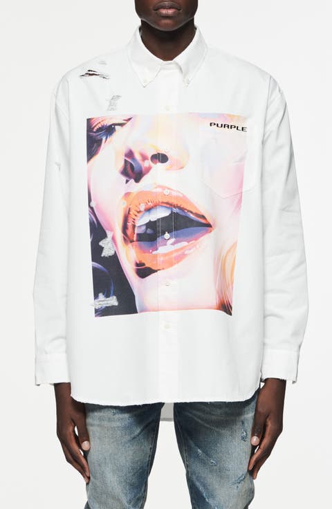 Distressed Graphic Print Button-Up Shirt