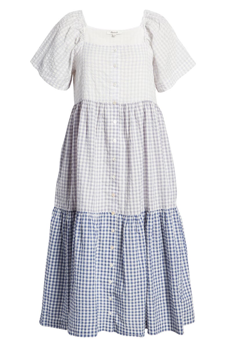Madewell Patchwork Gingham Button Front Tiered Midi Dress, Alternate, color, 