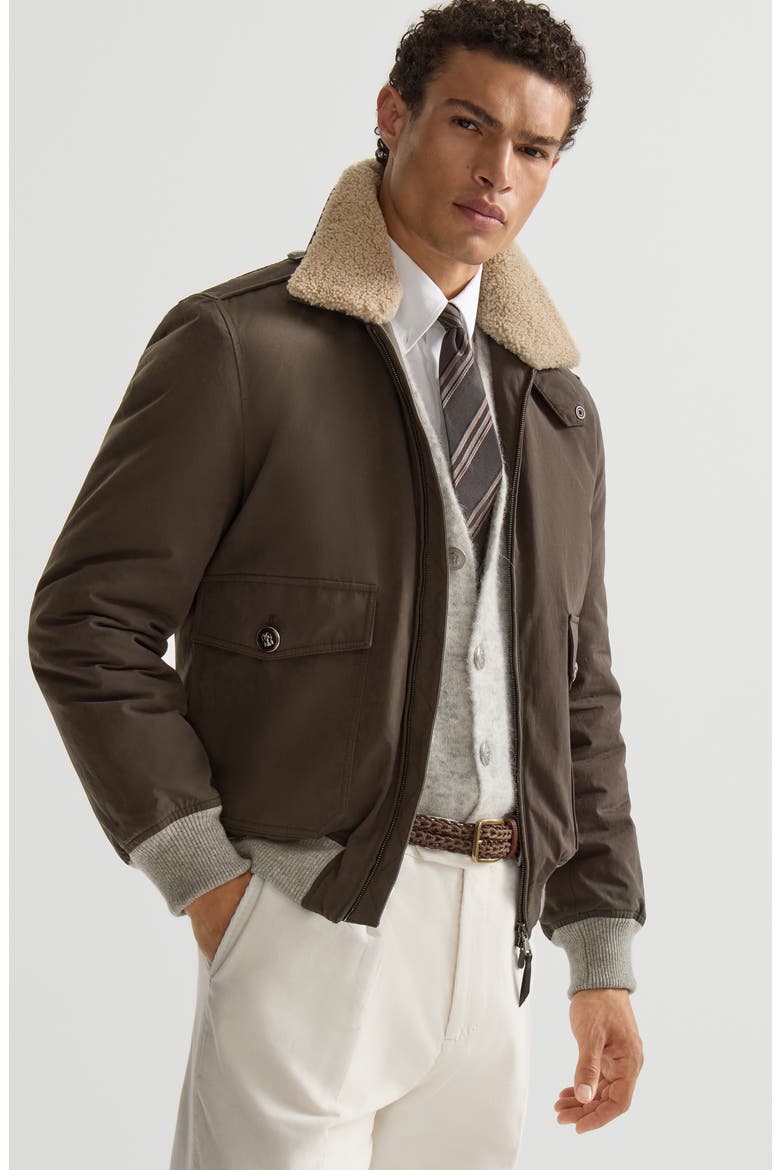 Waxed techno cotton bomber jacket with Thermore® padding and detachable shearling collar, Alternate, color, Dark Grey
