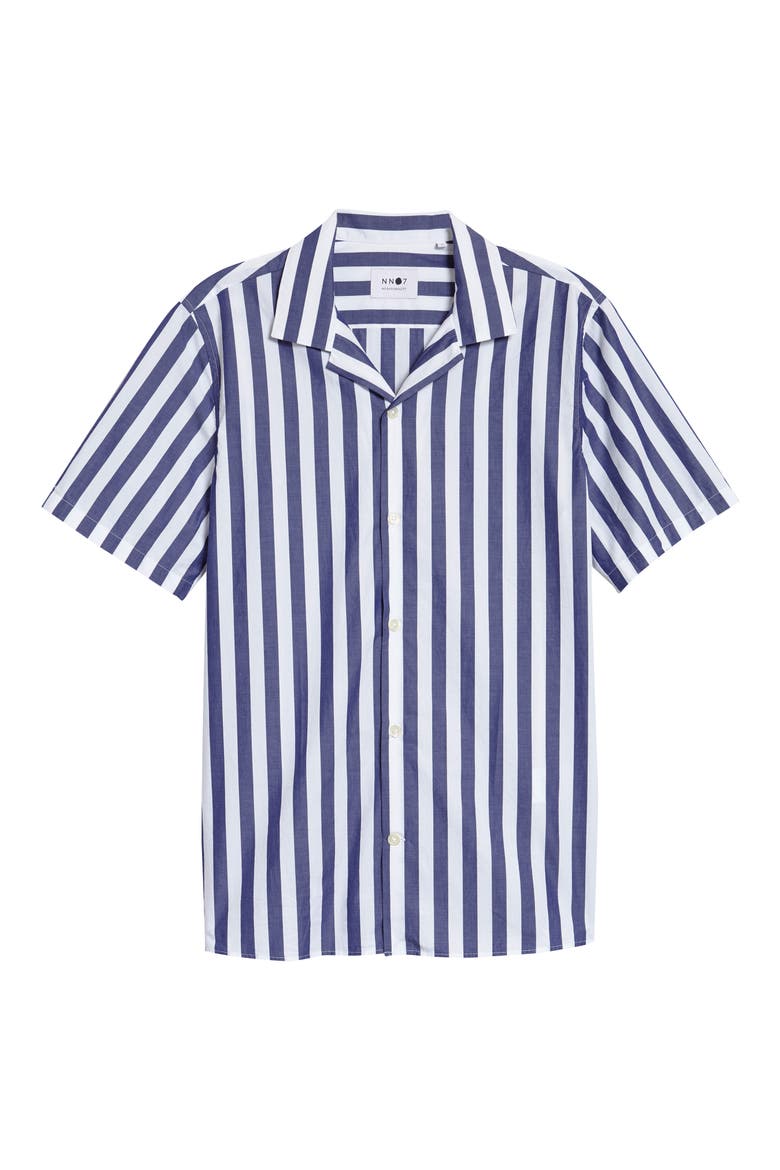 Miyagi 5203 Short Sleeve Button-Up Camp Shirt, Main, color, NAVY STRIPE