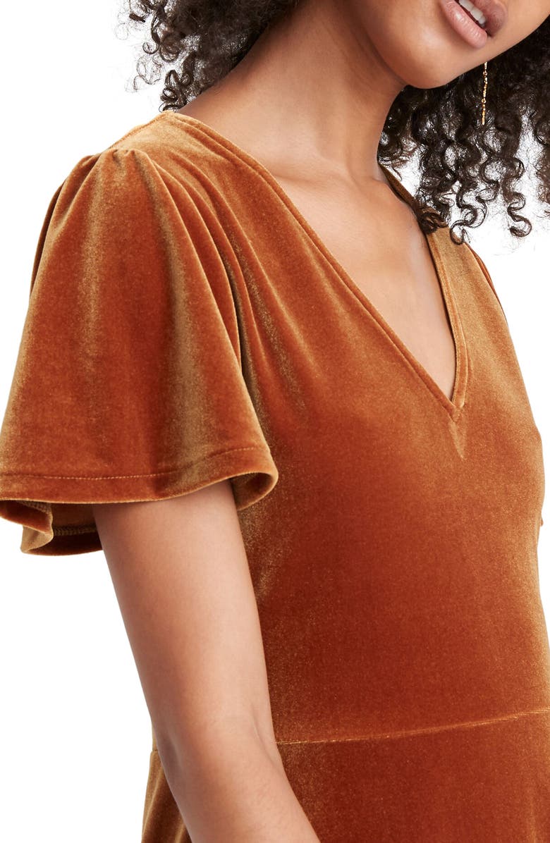Madewell V-Neck Flutter Sleeve Velvet Dress, Alternate, color,