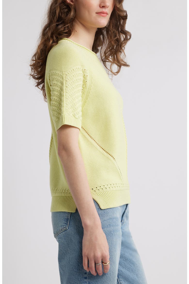 Pointelle Short Sleeve Cotton Sweater, Alternate, color, GREEN FINCH