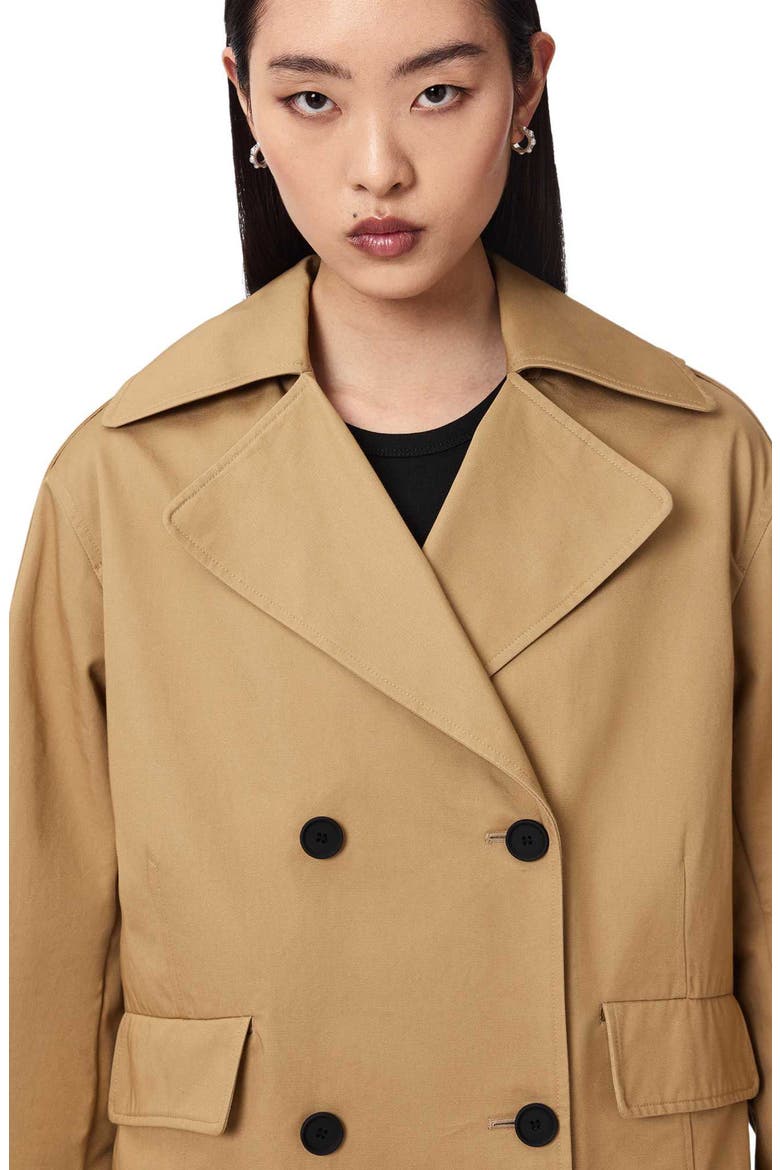 Connie Back Ruffle Short Cotton Trench Coat, Alternate, color, PINTO BROWN