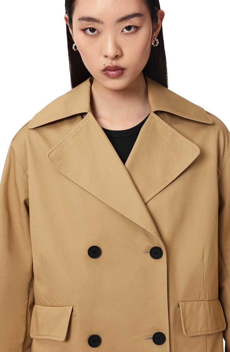 AllSaints Connie Back Ruffle Short Cotton Trench Coat, Alternate, color, Pinto Brown