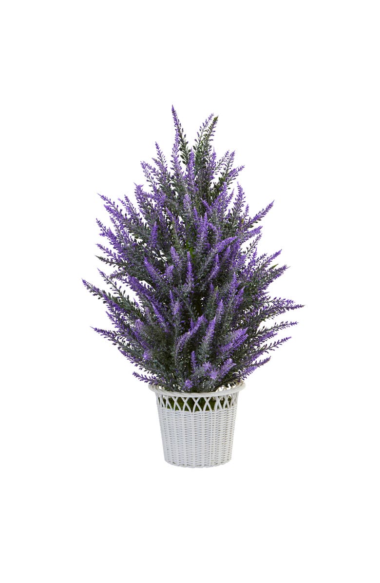 NEARLY NATURAL Lavender in White Wicker Planter Artificial Plant, Main, color, Purple