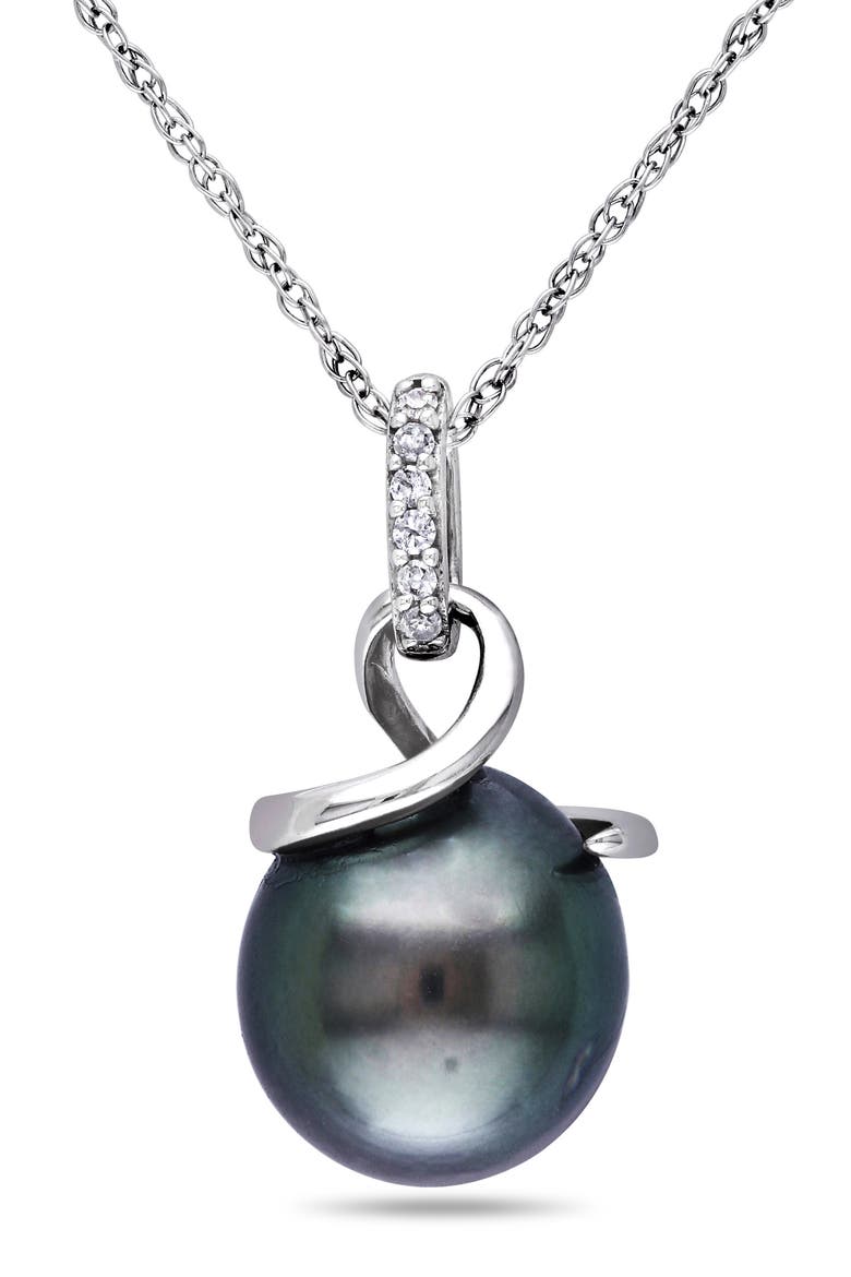 10K White Gold Cultured Black Tahitian Pearl & Diamond Pendant Necklace, Main, color, BLACK