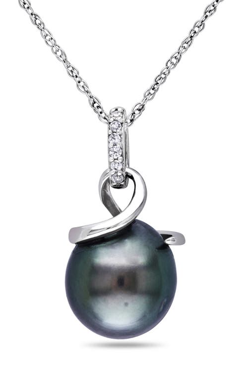10K White Gold Cultured Black Tahitian Pearl & Diamond Pendant Necklace