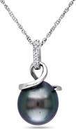 DELMAR 10K White Gold Cultured Black Tahitian Pearl & Diamond Pendant Necklace