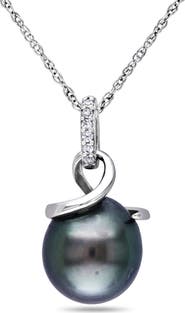 DELMAR 10K White Gold Cultured Black Tahitian Pearl & Diamond Pendant Necklace