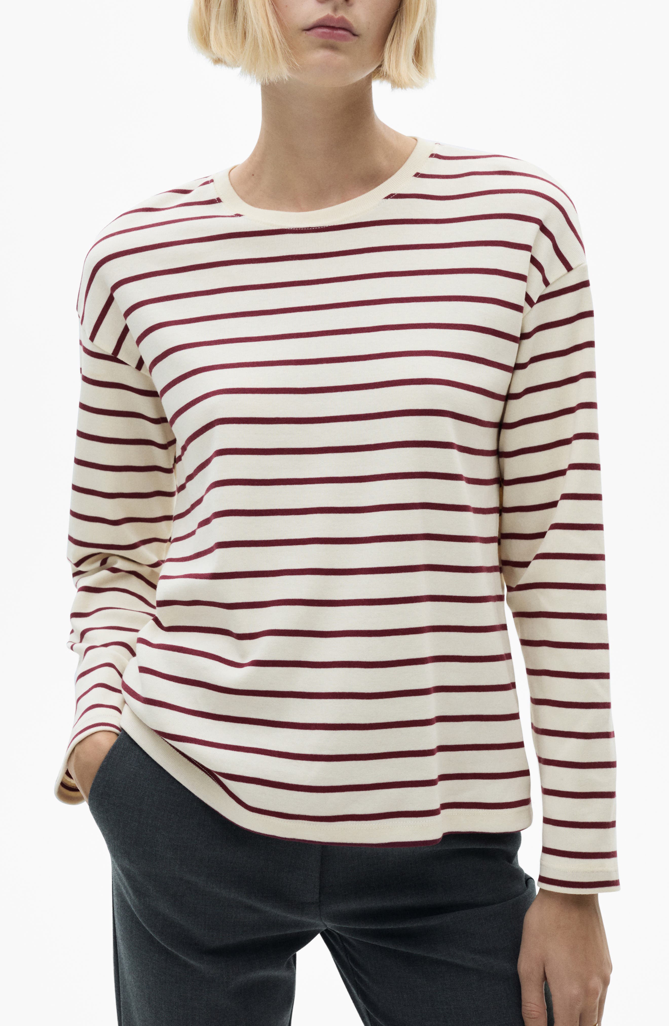 MANGO Stripe Cotton Sweater in Burgundy Stripe/cream 