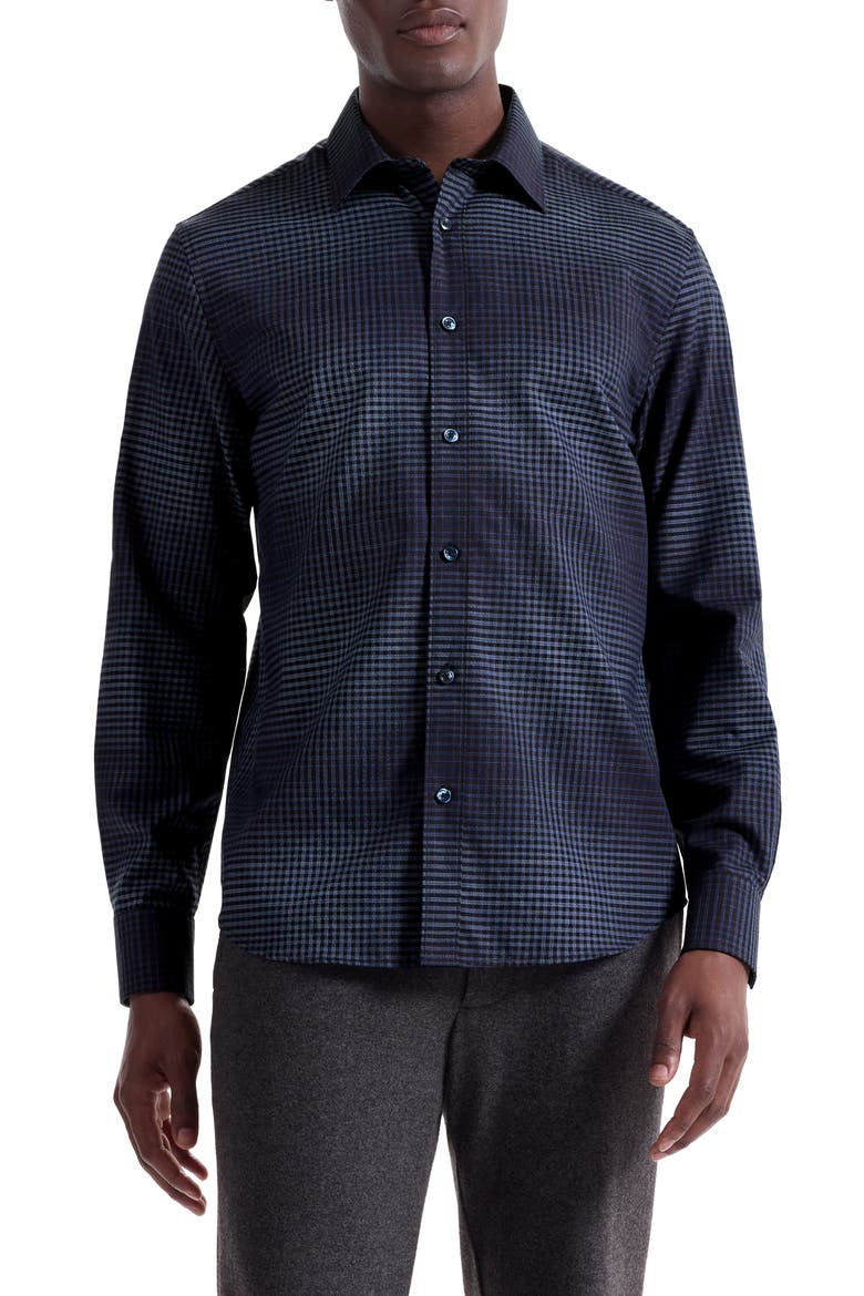 Julian Shaped Fit Gradient Check Cotton & Cashmere Button-Up Shirt, Main, color, NAVY