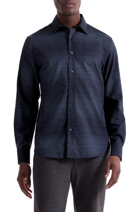 Julian Shaped Fit Gradient Check Cotton & Cashmere Button-Up Shirt