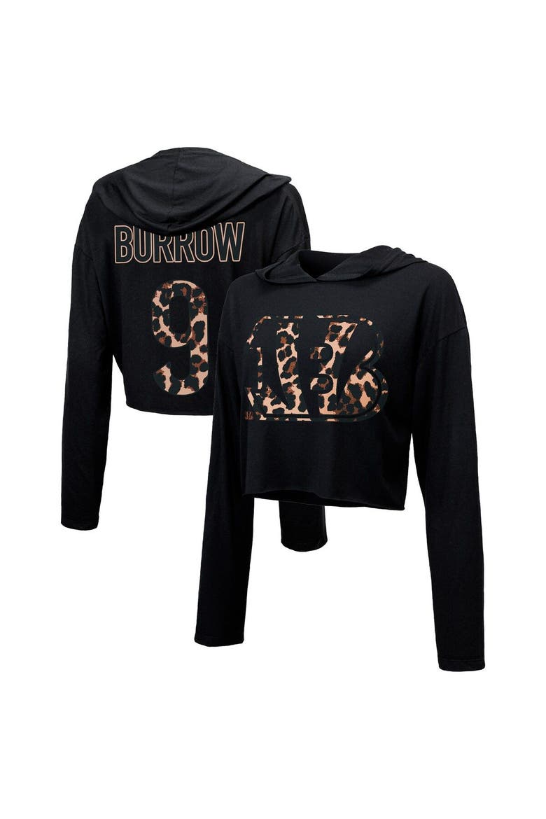 Women's Majestic Threads Joe Burrow Black Cincinnati Bengals Leopard Player Name & Number Long Sleeve Cropped Hoodie, Main, color, Black