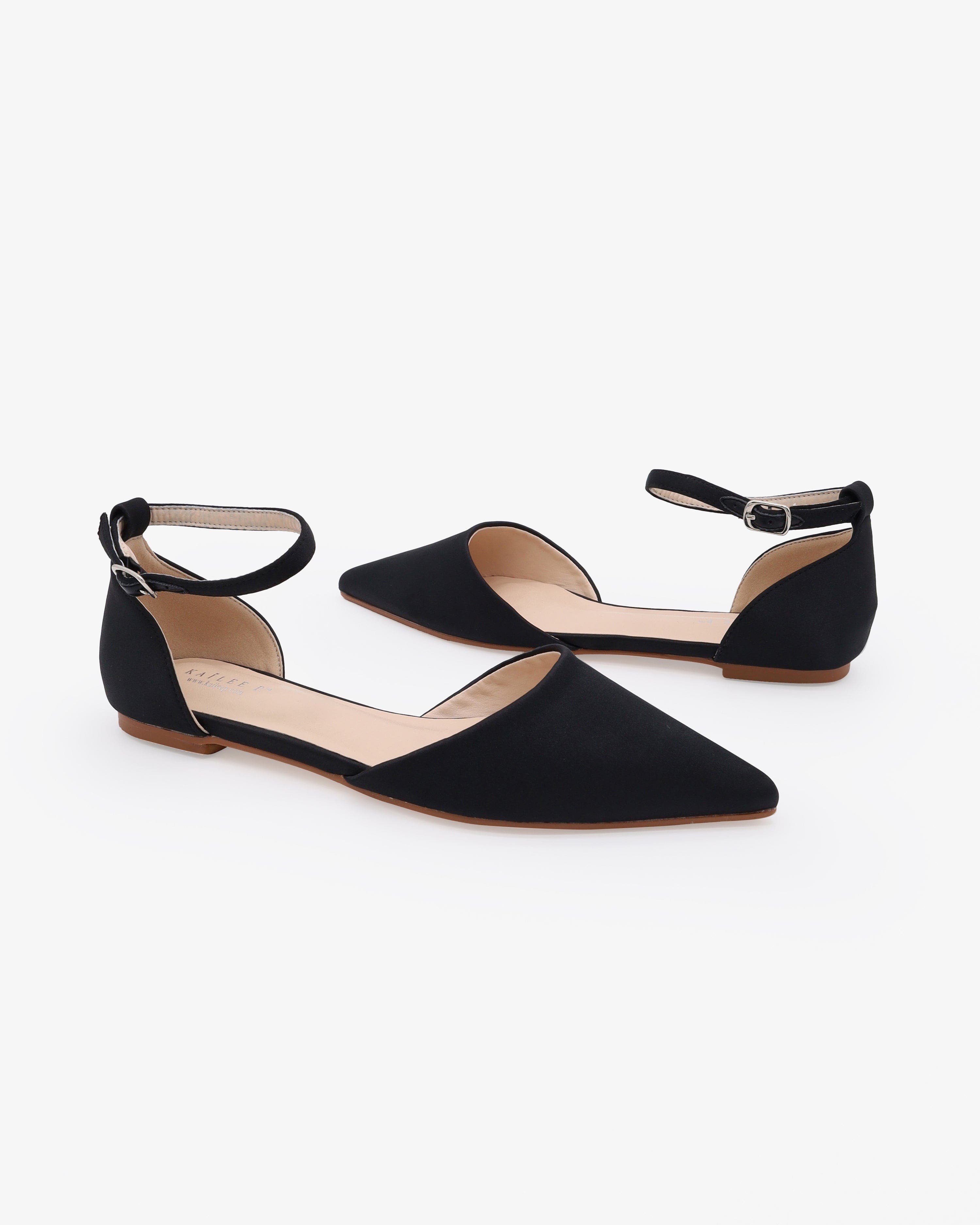 Kailee P Bella Satin Pointy Toe Flats with Ankle Strap, Alternate, color, Black