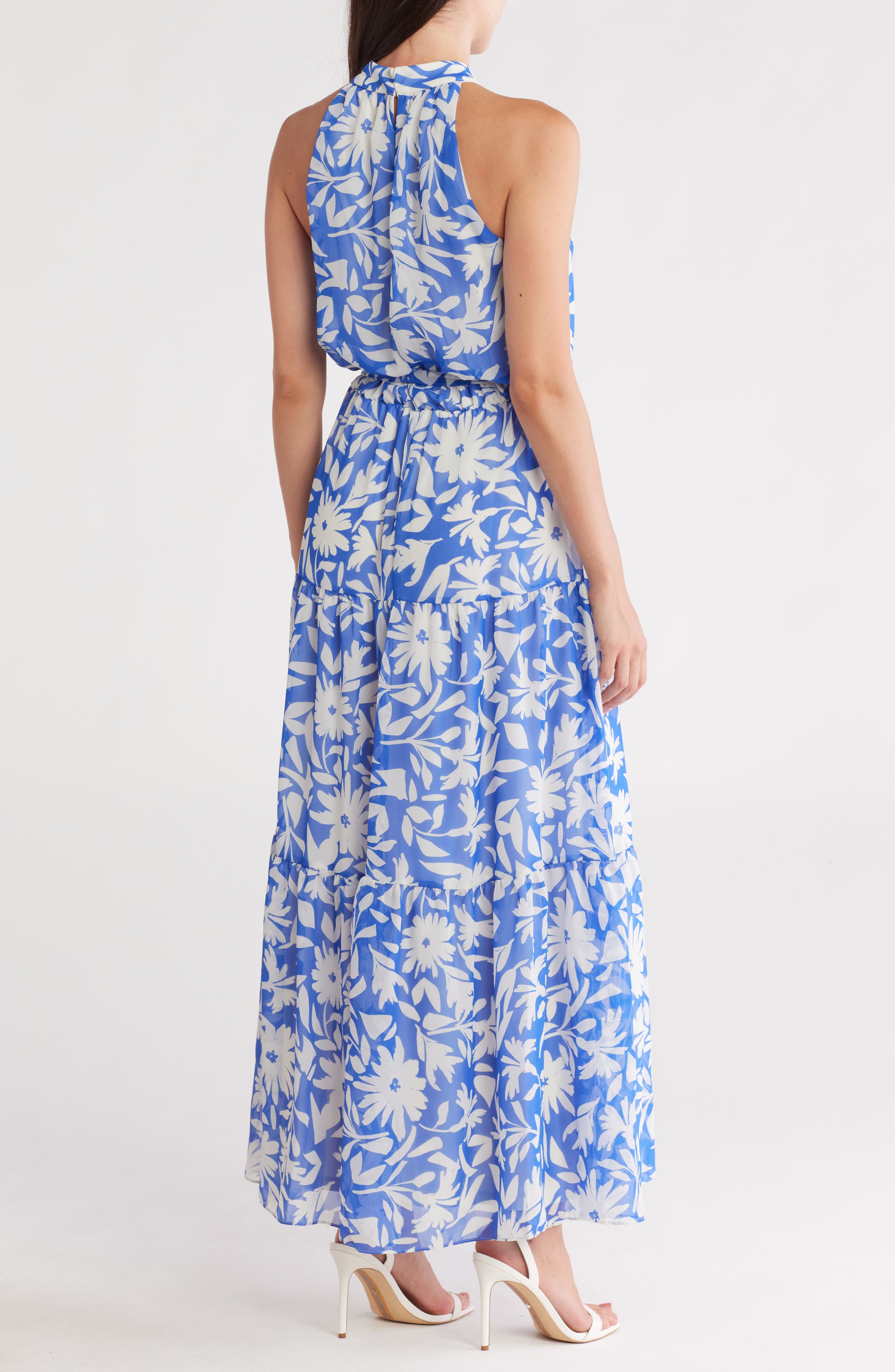 floral chiffon midi halter dress in turquoise multi Teal Multi Abstract Dress - Ruffled Midi Dress - Halter Midi