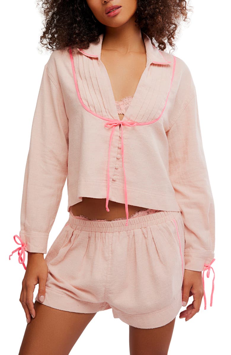 Free People Close to Home Cotton Flannel Short Pajamas, Main, color, Neon Peach