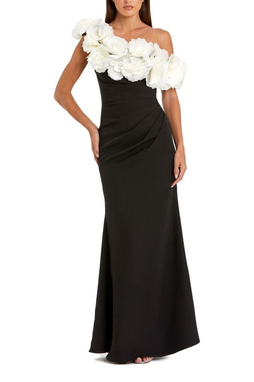 Mac Duggal Jersey Gown With 3d Flower Off The Shoulder Detail In Black Cream