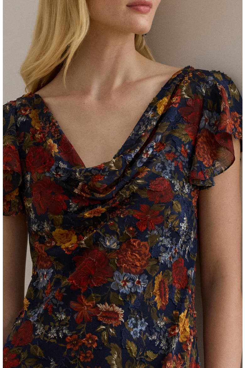 Floral Clipped Jacquard Cowl Neck Gown, Alternate, color, NAVY MULTI